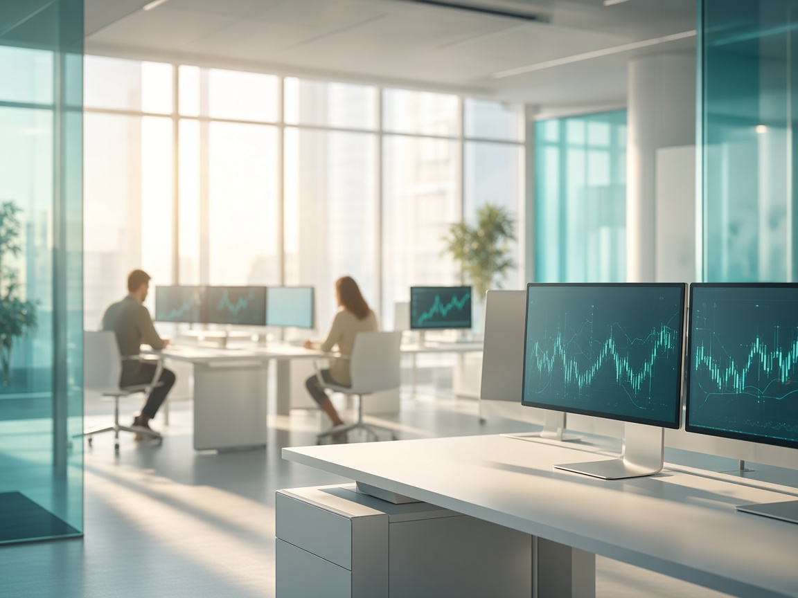 Los equipos de producto y asistencia de Wasserfall Investtra colaboran en una oficina moderna y luminosa